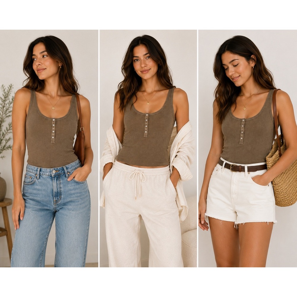 Aerie Ribbed Henley Tank Top Womens S Brown Sleeveless Stretch Cotton Basic